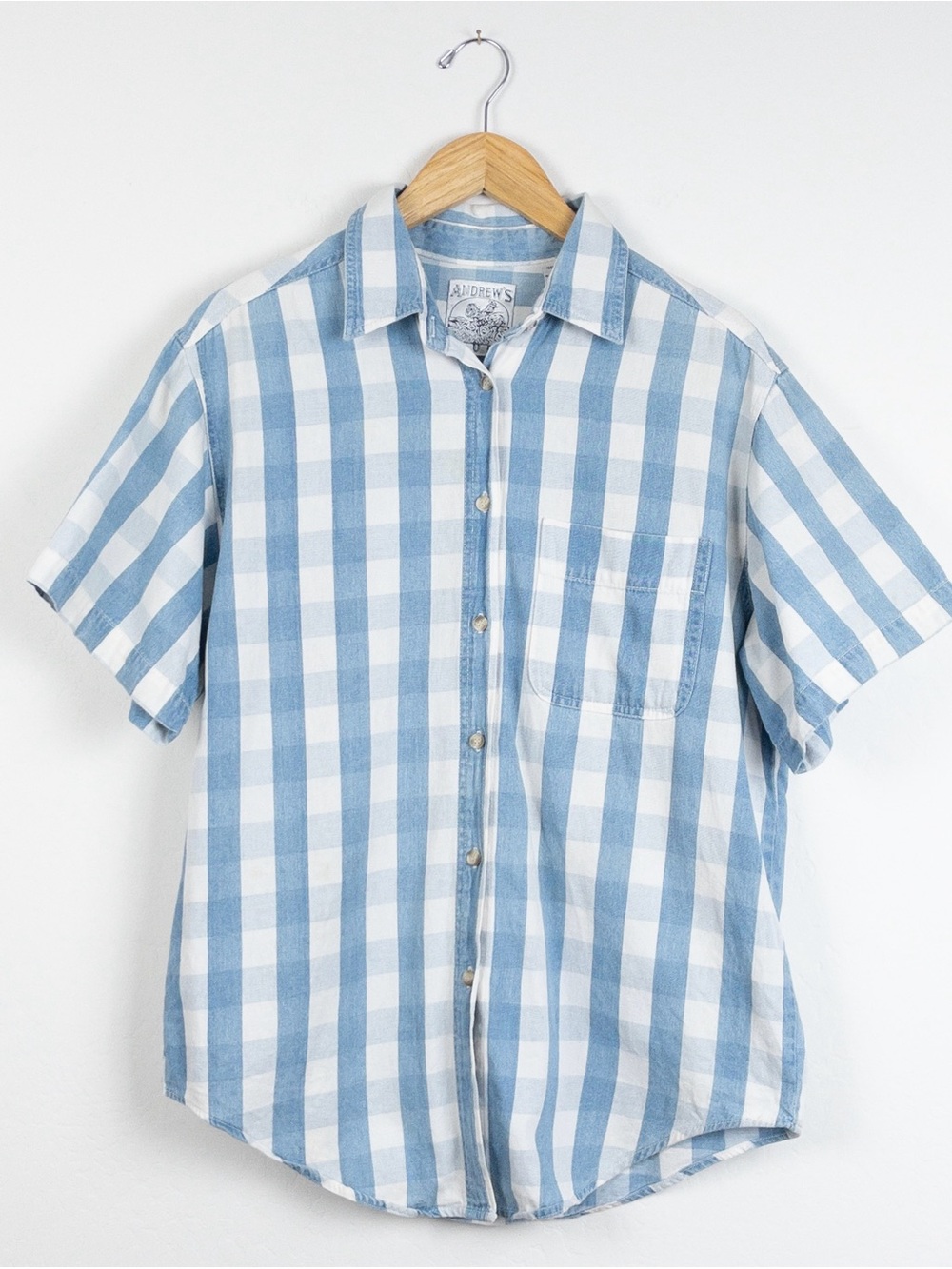Vintage Andrew’s Blues Gingham Shirt Medium Blue White Check Short Sleeve